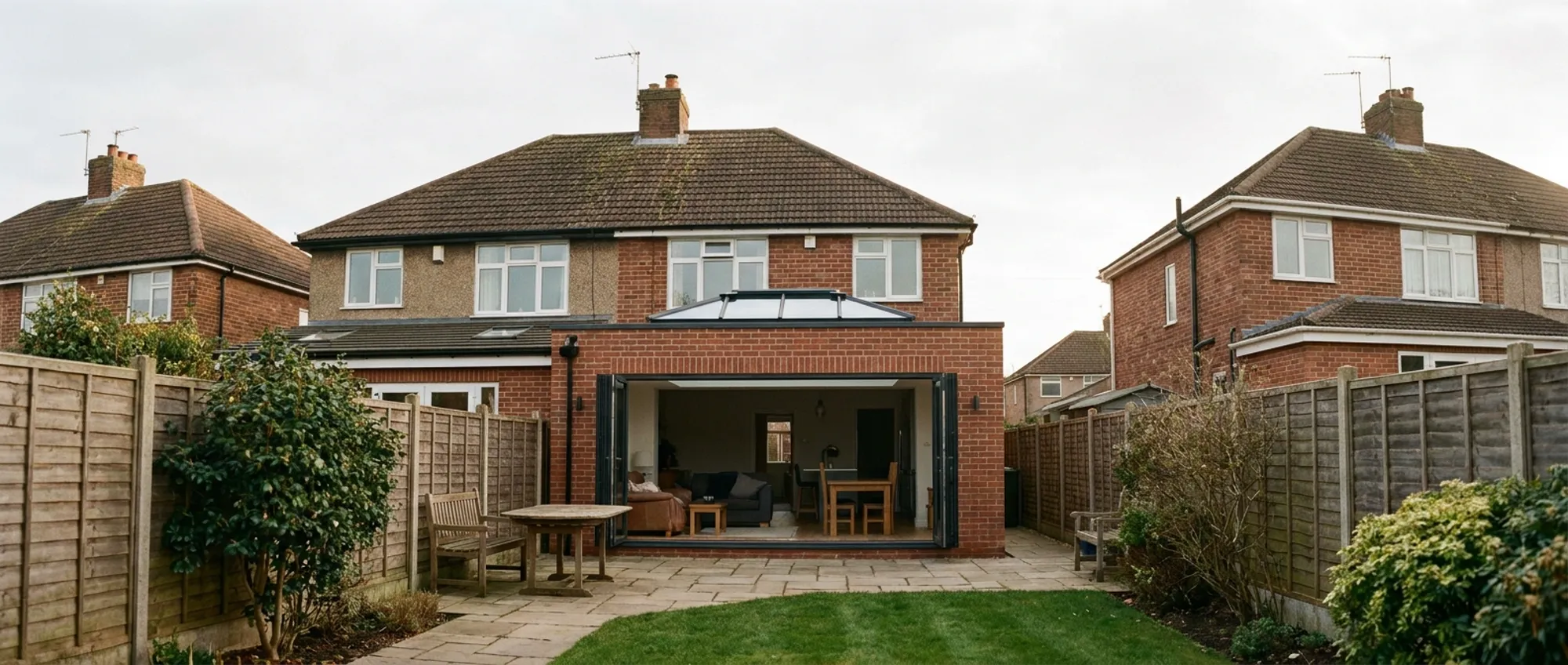 A completed red-brick rear extension with open bifold doors on a British semi-detached home