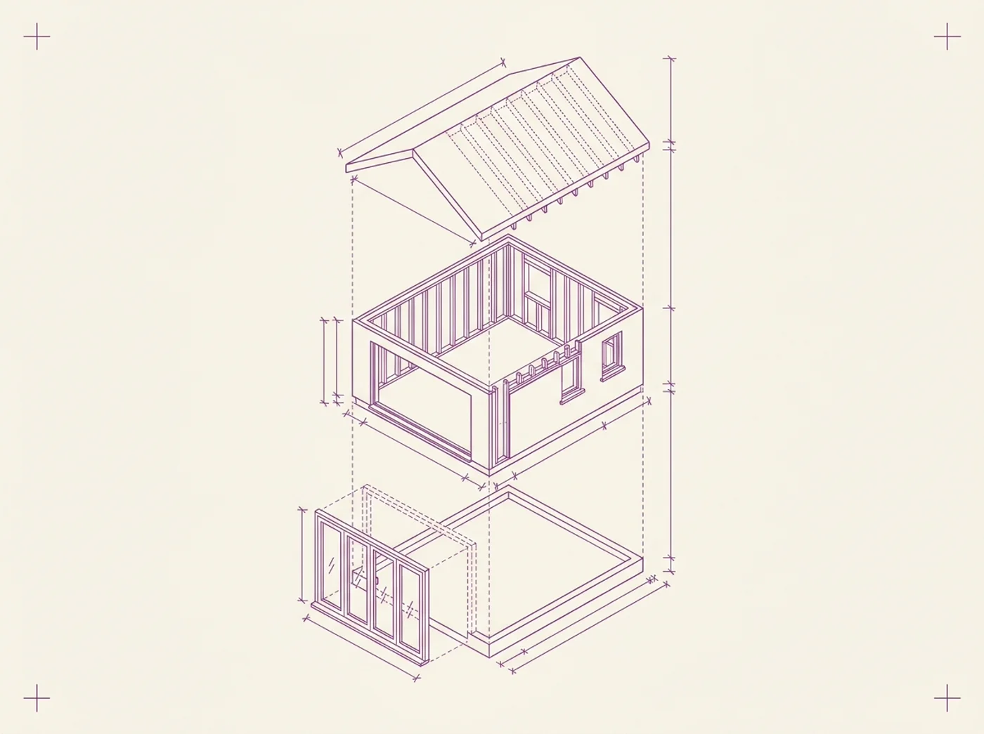 Purple line-art blueprint of a house extension, exploded into its component parts