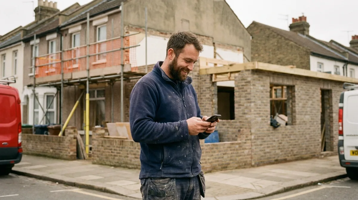 A builder checks his phone on site outside a part-built extension