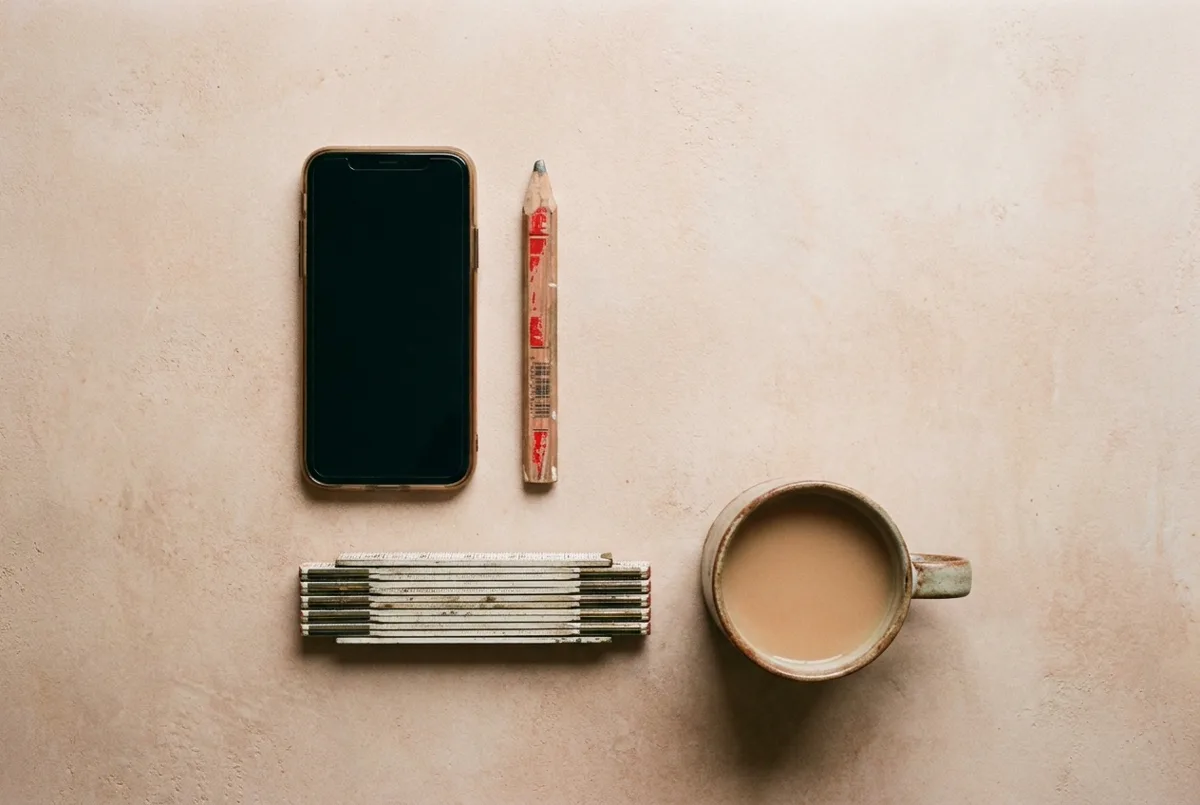 A builder's phone, pencil, folding rule and mug of tea laid out on a plaster surface