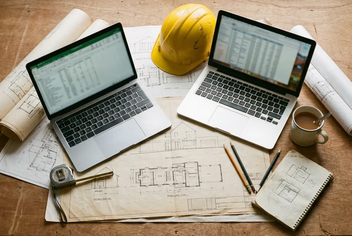 Builder comparing construction lead generation companies on a laptop
