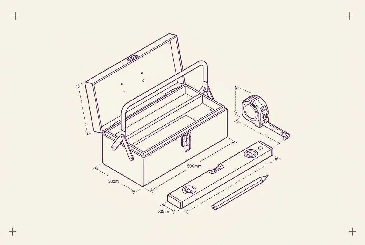 Blueprint line drawing of an open toolbox with a tape measure, spirit level and pencil