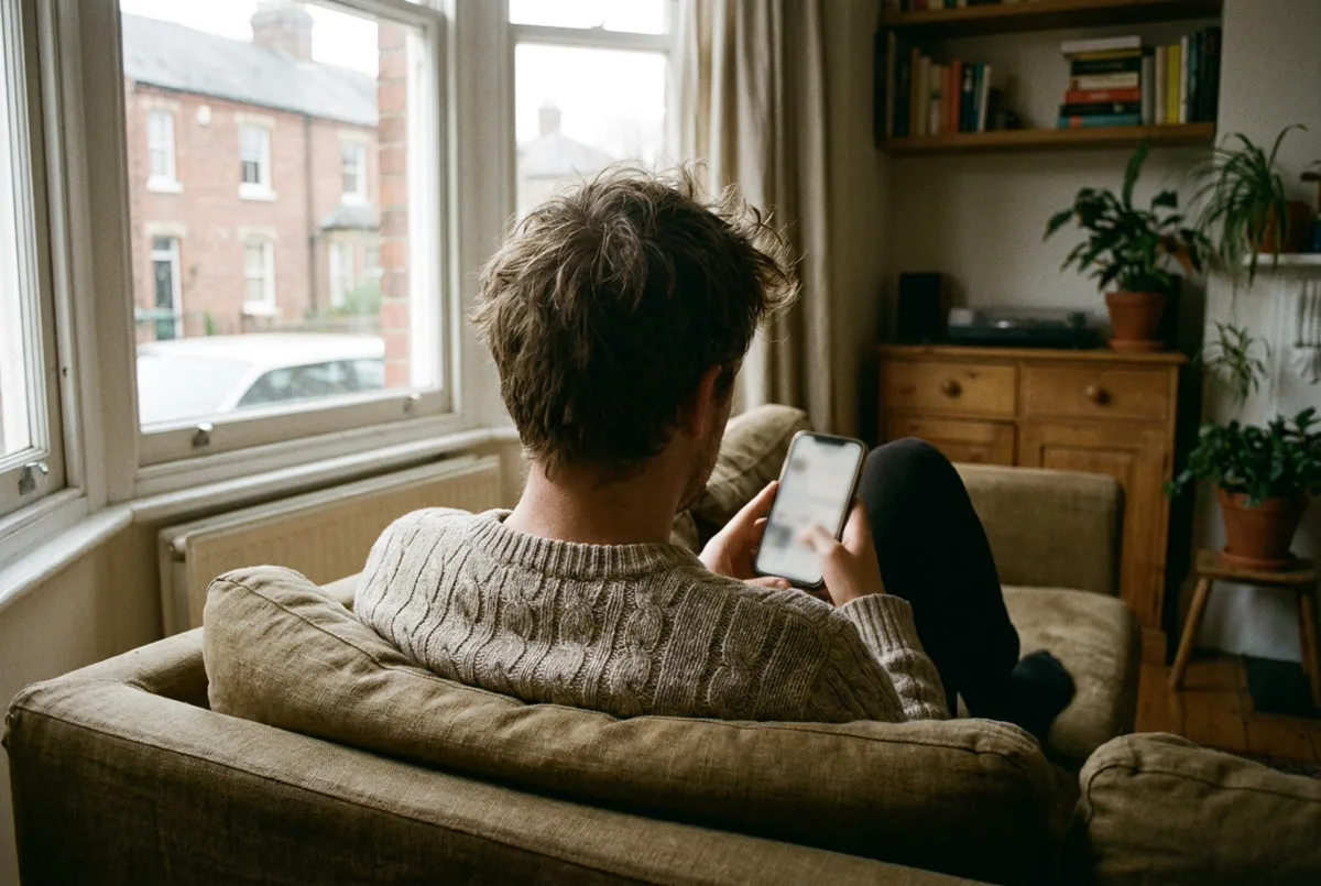 A homeowner scrolling on her phone on the sofa in the evening