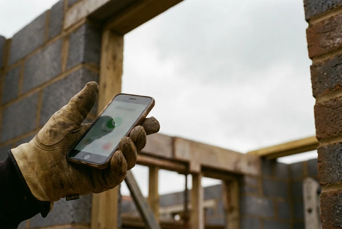 A builder in work gloves holding a ringing phone on a part-built blockwork extension site