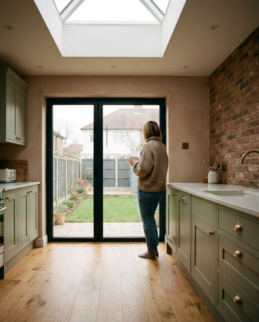 A homeowner with a cup of tea in her finished kitchen extension, looking out to the garden